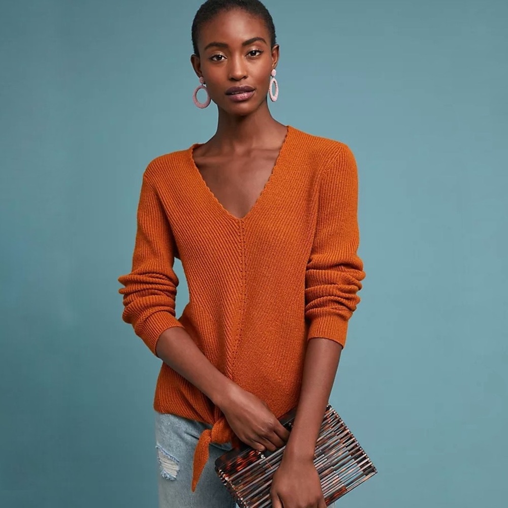 Anthropologie | Moth | Freeport Ribbed V Neck Tie Oversized Sweater Size S‎